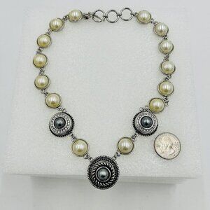 GS Signed Silver Tone Faux Pearl Rhinestone Statement Necklace 19"